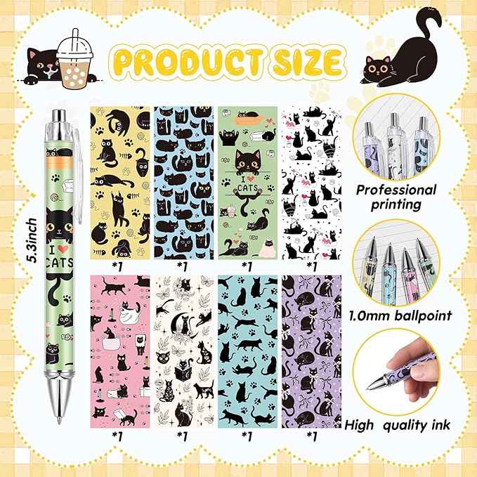 Ireer 8 Pcs Ballpoint Pens for Women 1.00 mm Cute Black Ink Fancy Pens Fine Point Smooth Writing for Journaling Aesthetic Office Supplies (Black Cat)