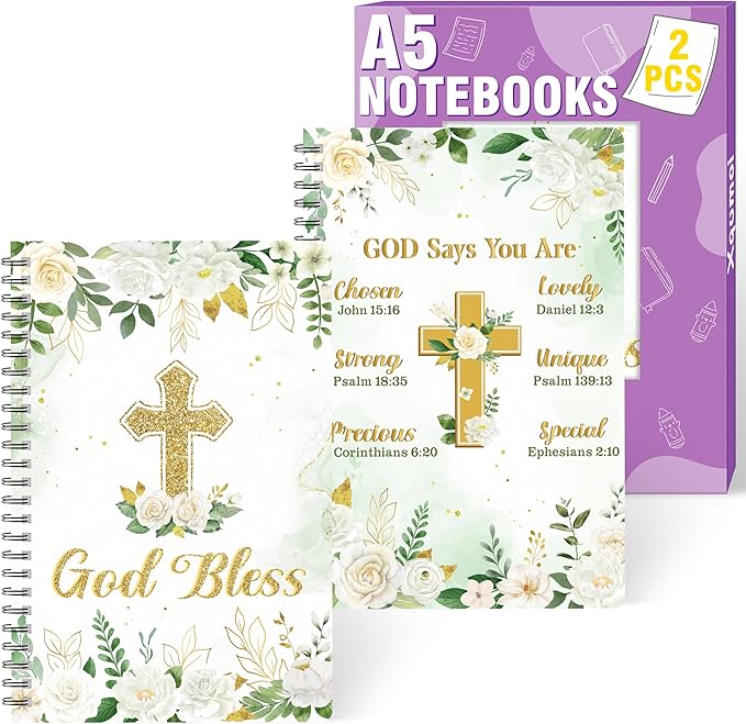 2 Pack A5 Floral Cross Religious Spiral Notebooks - God Bless Bible Verses Writing Notebooks, Ruled Hardbound Lined Journal, Christian Christmas Gift, Sunday School Supplies (Green Gold)