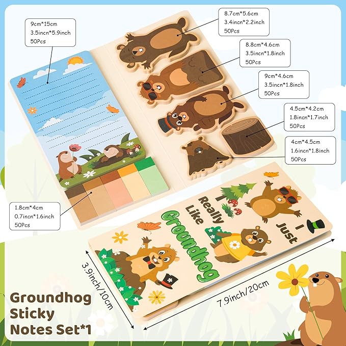 I Just Really Like Groundhog Sticky Notes Set - Cute Animal Self-Stick Note Pads Divider Tabs Bundle Writing Memo Pad Page Marker Back to School Office Supplies Groundhog Day Party Favor Gift