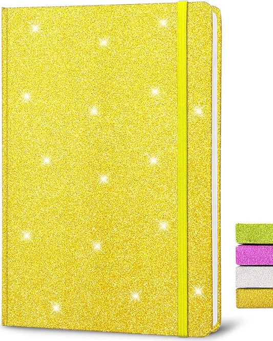 GINMLYDA A5 Glitter Notebook, Hardcover 160 Pages Never Peel Off Sparkle Glitter Lined Journal Notebook for Women Girls Writing Note Taking Works School Gift (Golden-8.3 x 5.7 Inches)