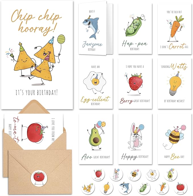 20 Funny Birthday Cards (4"x6") with 20 Envelopes & Stickers, Mixed Humor Greeting Card Variety Pack for Friend Teacher, Cartoon Lighthearted Birthday Cards for Women, Cheerful Happy Birthday Card For Kids