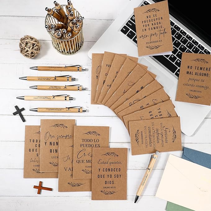 Fuutreo 50 Sets Spanish Christian Notebook Bible Verse Ballpoint Pen Versículos Bíblicos En Español Religious Easter Gifts for Women Men Bible Study Sunday School