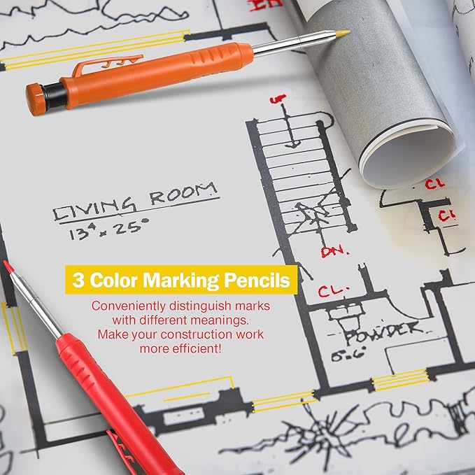 Hiboom 3 Pack Solid Carpenter Pencil with 21 Refill, Long Nosed Deep Hole Mechanical Pencil Marker with Built in Sharpener for Carpenter, Design Patent (Orange, Red, Black Cover)