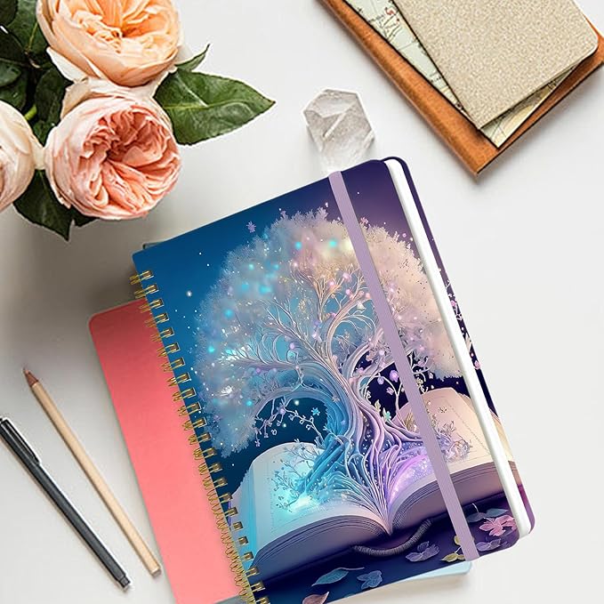 Yoiilifee Spiral Notebook - A5 Spiral Notebooks, 8.3'' × 5.8'', 160 Pages, Aesthetic Journaling Notebooks for Women, College Lined Notebook with Elastic Closure, Back Pocket, for School Office, TreeA