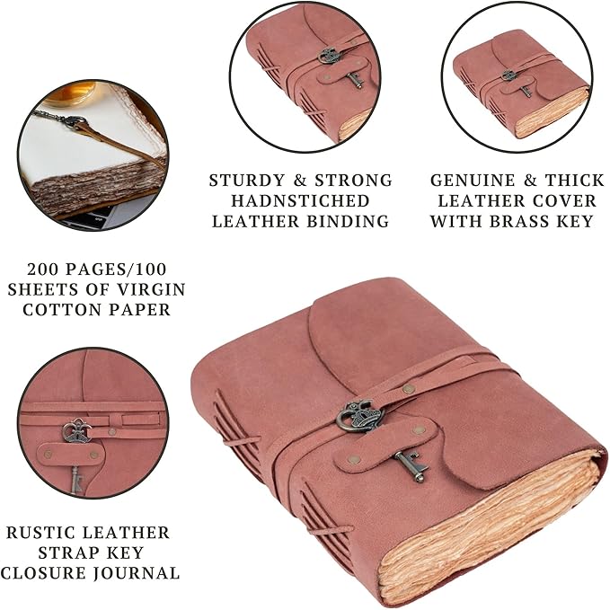 LEATHER VILLAGE Vintage Leather Journal – 200 Handmade Vintage Deckle Edge Paper – Leather bound Journal For Women Men – Vintage Key Closure - Book of Shadows - Red Brown - 13X8 inches