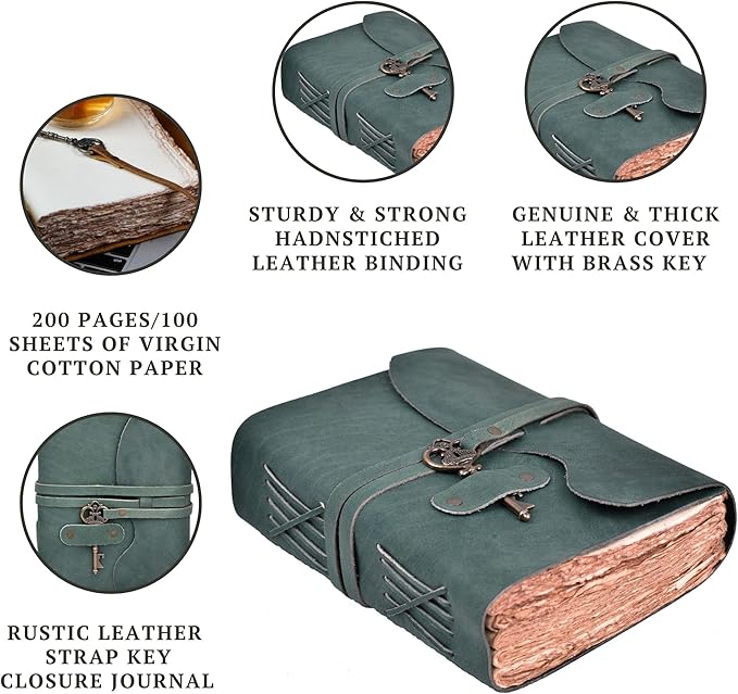 LEATHER VILLAGE Vintage Leather Journal – 200 Handmade Vintage Deckle Edge Paper – Leather bound Journal For Women Men – Vintage Key Closure - Book of Shadows - Aqua - 8X6 inches (A5)