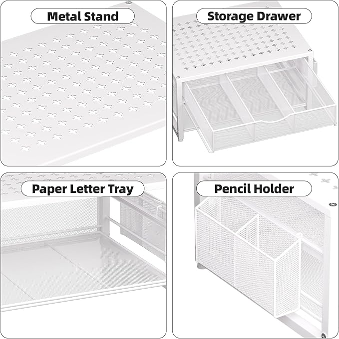 Marbrasse Metal Printer Stand for Desk with Storage Drawer and 2 Pen Holders, 2-Tier Desktop Organizer Printer Table for Home Office, Multi-Purpose Desk Organizer for Fax Machine Scanner Files(White)