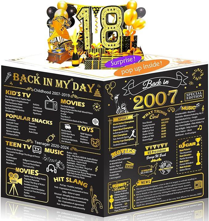18th Birthday Card for Men Women, 3D Pop Up 18th Birthday Gifts Cards for Him Her, Back In 2007 Funny 18 Year Old Birthday Decorations, Black Gold