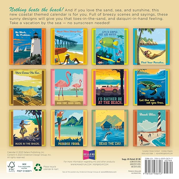 Seaside Paradise 2024 Mini Calendar — Artwork by Anderson Design Group, 7" x 7"