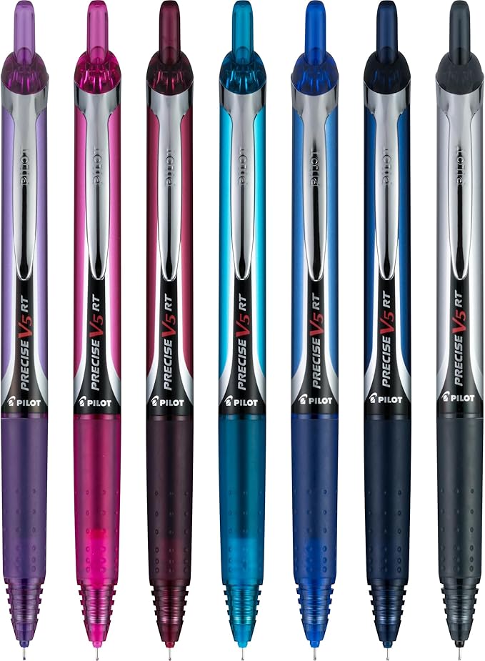 Pilot, Precise V5 RT Refillable & Retractable Liquid Ink Rolling Ball Pens, Extra Fine Point (0.5 mm) Assorted Ink Colors, Pack of 7