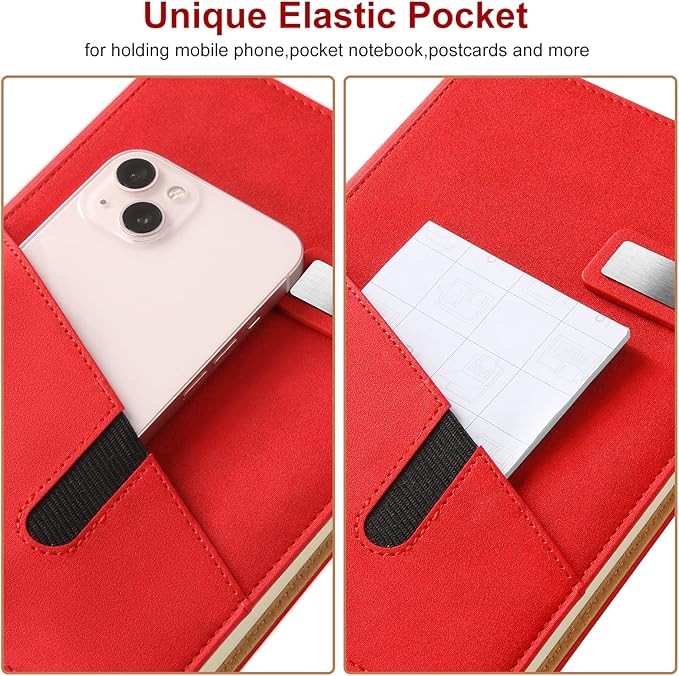 A5 Lined Leather Journal with Pen, 240 Pages Refillable Hardcover Notebook with Pocket and Magnetic Buckle, 80gsm Thick Daily Diary for Men and Women, Great Gift for Business School Travel Personal - Red