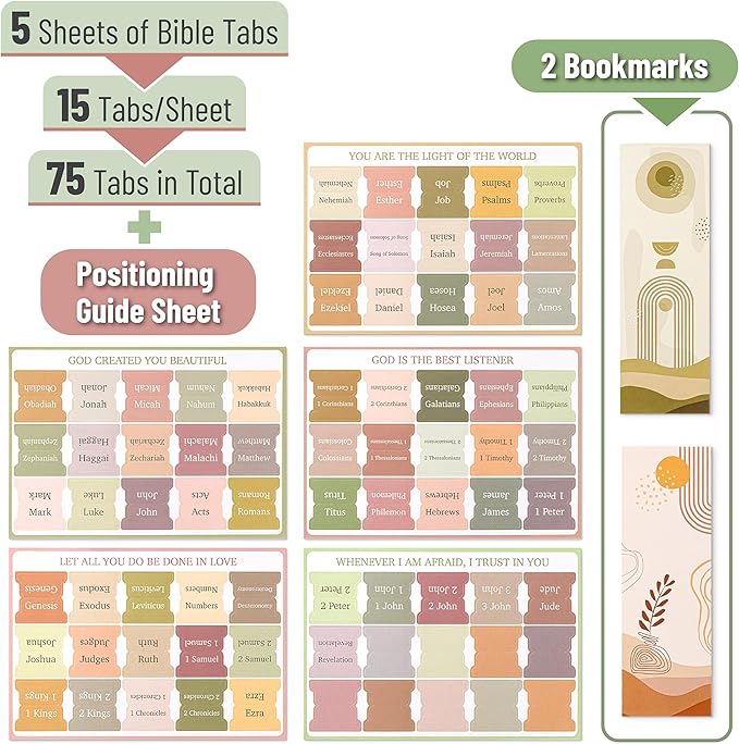 Mr. Pen- Bible Tabs with 2 Bookmark, 75 Tabs, Boho Theme, Laminated Bible Tabs for Women and Men, Bible Tabs for Study Bible, Bible Index Tabs, Bible Book Tabs, Bible Labels Tabs, Mr Pen Bible Tabs