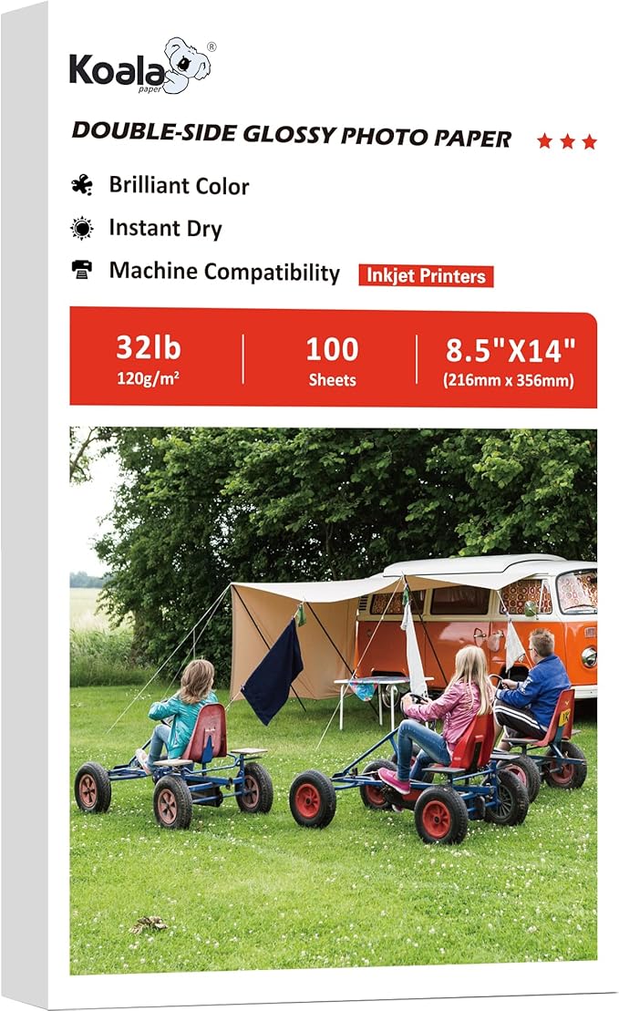 Koala Double Side Thin Glossy Photo Paper 8.5x14 Inches Legal Size 120gsm 100 Sheets Compatible with Inkjet Printer and Dye Ink 32LB