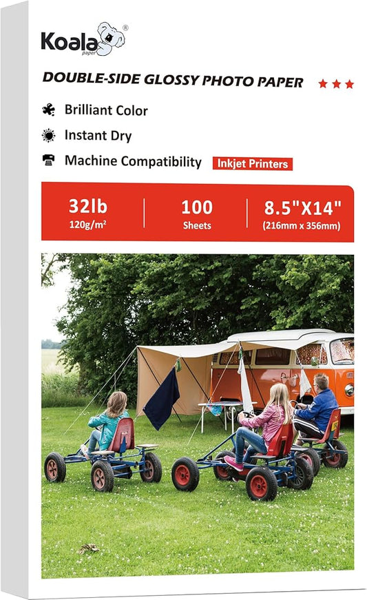 Koala Double Side Thin Glossy Photo Paper 8.5x14 Inches Legal Size 120gsm 100 Sheets Compatible with Inkjet Printer and Dye Ink 32LB