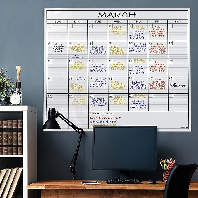 Jumbo Dry Erase Laminated Wall Calendar, Huge 36 Inch by 48 Inch Size, Monthly Planner for Home Office Classroom, Large Date Boxes, Reusable PET Film, Never Folded, 5 Markers, 8 Tacks, 1 Eraser white