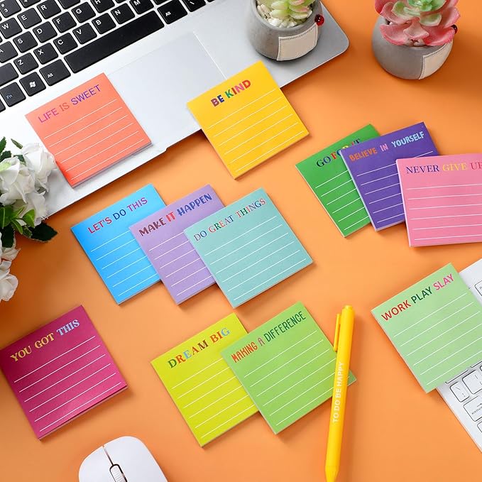 Yinder 24 Pcs Inspirational Sticky Notes with Lines Cute Motivational Sticky Notes Pad Employee Appreciation Gifts Bulk for Teacher Nurse Coworkers Office Supplies 3 x 3''(Dark Color,Motivational)
