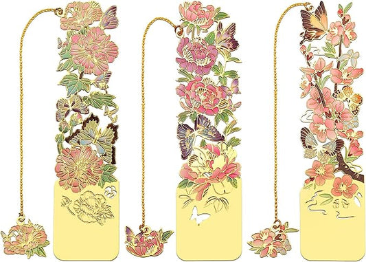 3 PCS Metal Bookmarks, Bookmarks for Reading Women, Pretty Bookmarks for Women, Beautiful Metal Bookmark, Beautiful Flower Bookmark, Peach Blossom, Cottonrose Hibiscus, Peony (BKM-050-001)