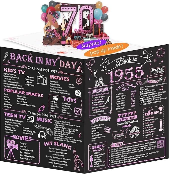 70th Birthday Card for Women, Jumbo 3D Pop Up 70th Birthday Gifts for Mom Grandma, Back In 1955 Happy 70 Year Old Sister Birthday Decorations Cards Card for Her, Rose Gold