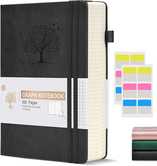 Graph Paper Notebook Journal,360 Numbered Pages Grid Notebooks,Thick 100gsm Graphing Paper Notebook Journal for Writing Women Men, A5 Large Hardcover Leather Graph Notebook 5.75''× 8.38''Black