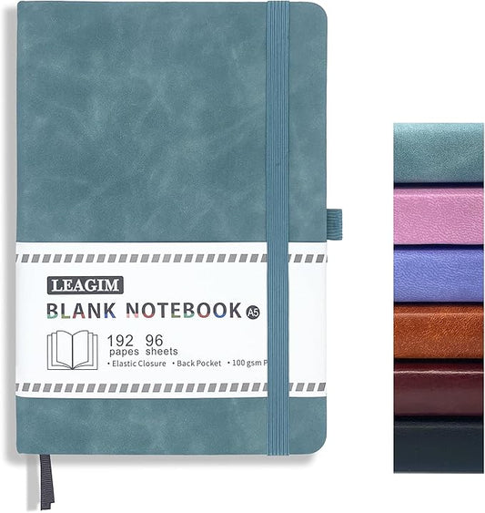 Blank Journal Notebook, A5, 192 Pages 100 GSM Thick Sketch Book for Women Men, Hardcover Leather Unlined Journaling for Work, Notebooks for Writing, 5.8 inches x 8.5 inches (Green)