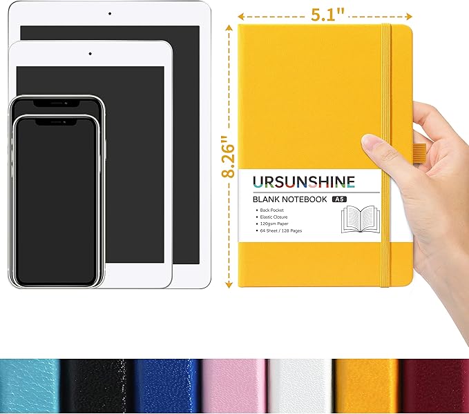 Blank Journal/Notebook - Classic Notebook/Journal with Ribbon Divider, Hardcover with Thick Paper, 5.3'' x 8.26'', Banded + Pen Holder +Inner Pocket - Yellow