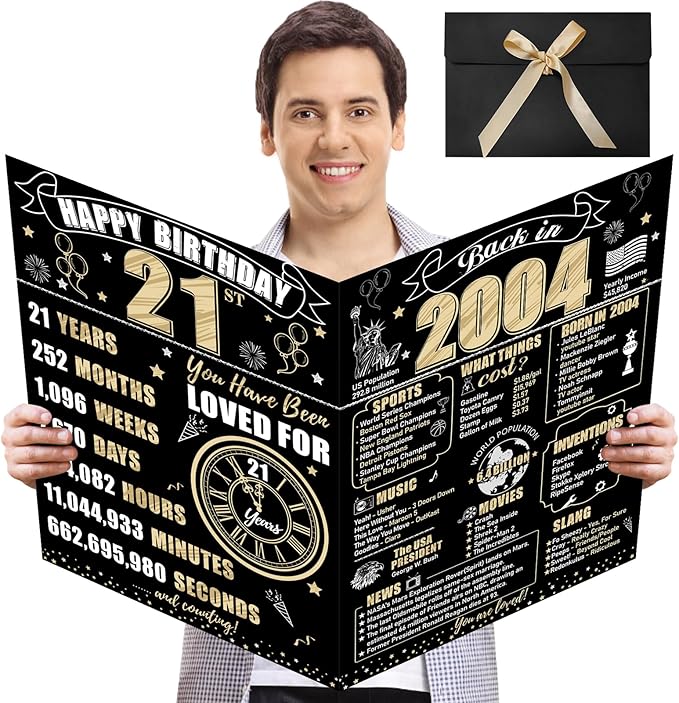 Large 21st Birthday Gift Card With Envelope for Boys Girls, 2004 Black Gold Happy 21st Birthday Giant Guest Signature Book Gifts, Big Vintage 21st Greeting Card Decoration Party Supply