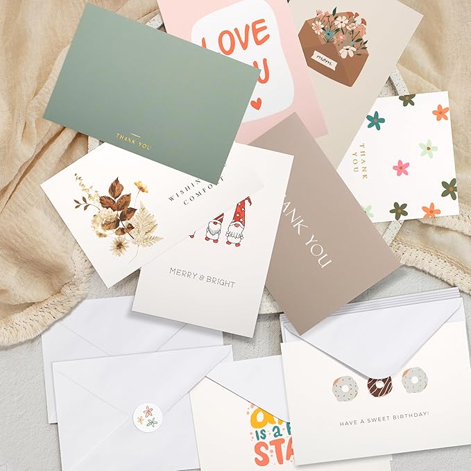 KIBAGA Beautiful Greeting Cards Set of 60 with Envelopes & Stickers - Tasteful Assorted Blank Note Cards - Perfect Get Well, Congratulations, Holiday & More Stationary Cards For All Occasions