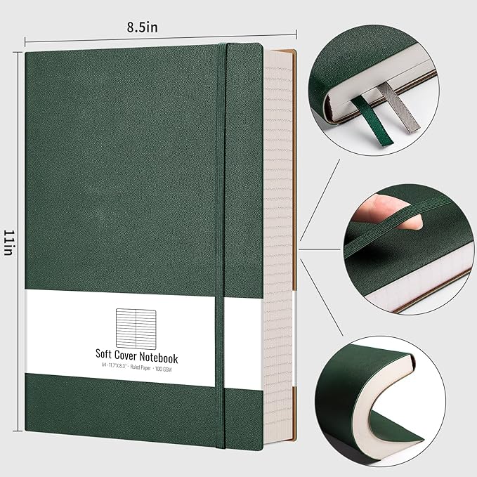 AHGXG Large A4 Notebook College Ruled - 320 Pages Thick Journal for Women and Men, 8.5''×11'', 100gsm Thick Lined Paper, Leather Softcover, for Writing Work School - Green