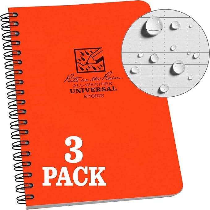 Rite in the Rain Weatherproof Side Spiral Notebook, 4.625" x 7", Orange Cover, Universal Pattern, 3 Pack (No. OR73L3)