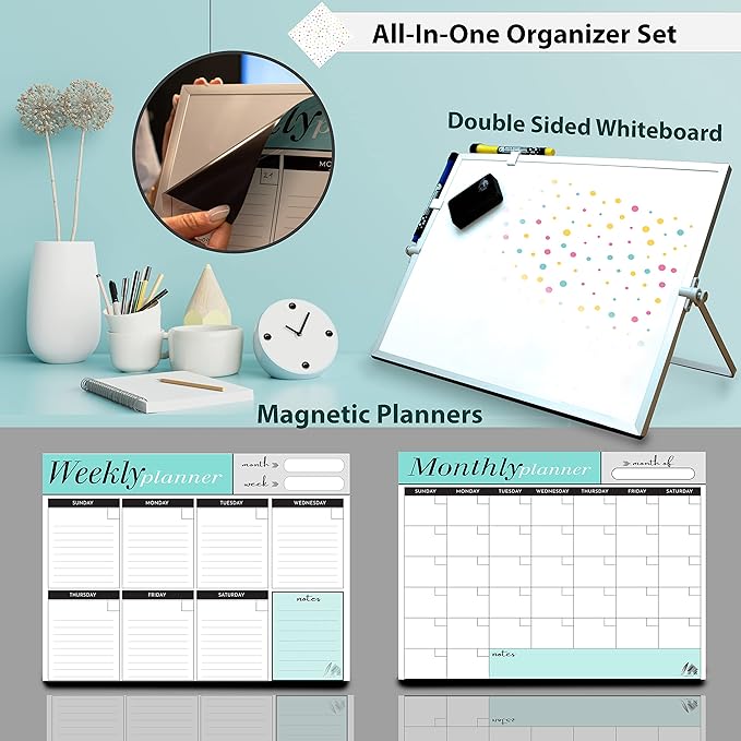 Dry Erase White Board for Desktop & Wall 12"x16" with 2 Magnetic Removable Planners - Weekly & Monthly to Do List Board with Stand, 6 Markers Eraser & Wall Hangers - Portable Double Sided Magnetic