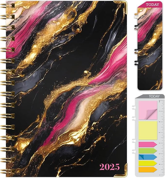 HARDCOVER 2025 Planner, 5.5"x8": 14 Months (November 2024 - December 2025), Daily Weekly Monthly Planner, Yearly Agenda, Bookmark, Pocket Folder and Sticky Note Set (Dark Gold Marble)