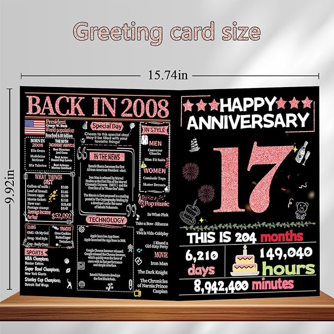 Joycard 17th Anniversary Card for Women, Wedding Card for Wife, Sweet Marriage Decorations Gifts for Couple, Perfect for Her on Anniversary Day, Back in 2008