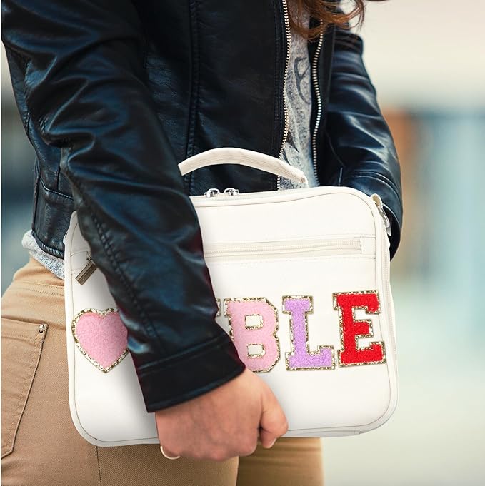 Silkfly Large Chenille Letter Bible Cover for Women Preppy Patch Bible Case Church Bible Bag with Handle(White)