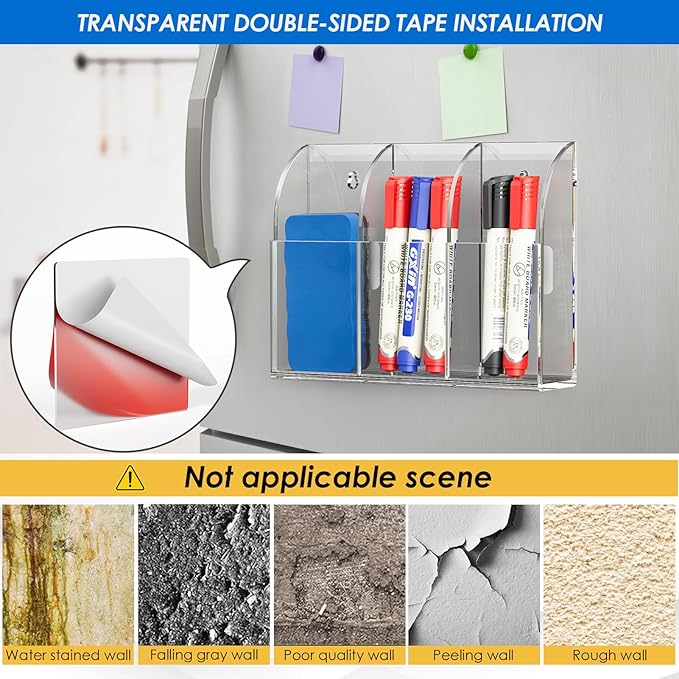 MaxGear Wall Marker Holder, 3 Compartments Desk Acrylic Organizer for Remotes, Pens, Makeup, Markers, Clear Remote Control Holder for Whiteboard Accessories-7.8'' x 1.6'' x 5.5''