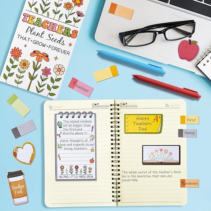 Retro Wildflowers Teachers Sticky Notes Set - Teacher Plant Seeds Self-Stick Note Pads Teacher Appreciation Notepads Writing Memo Pad Page Marker Back to School Office Supplies Thank You Gift