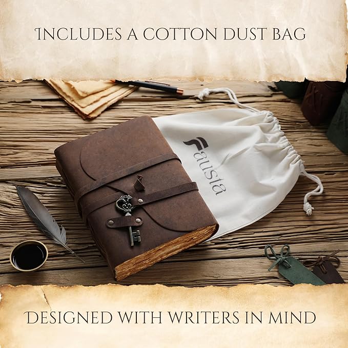 Fausta Vintage Handcrafted Leather Journal with Key for Writing, 240 Pages 7 x 5 inches, Deckled Cotton Paper Notebook/Diary for Men and Women 150 GSM Drawing/Sketchbook, Rustic Brown