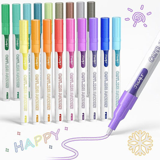 JusArt Outline Markers 18 Colors, Double Line Glitter Markers for Greeting Card Art Crafts, Girls Teens Stocking Stuffers Shimmer Markers, Metallic Sparkle Markers Painting Drawing Supplies