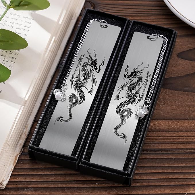 Dragon Metal Bookmark Gift - 2 PCs Cool Bookmarks for Reading Men Boys Fantasy Novel Dragon Lovers Readers Book Marks Pendant Bookish Students School Supplies Book Club Christmas Birthday