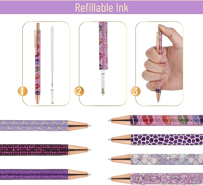 Mr. Pen- Fancy Pens for Women, 7 Black Ink Ballpoint Pens with 10 Refills, 1.0mm, Elegant in Purple, Glitter Cute Pens for Journaling, Sparkly Fancy Pen, Easter Gift