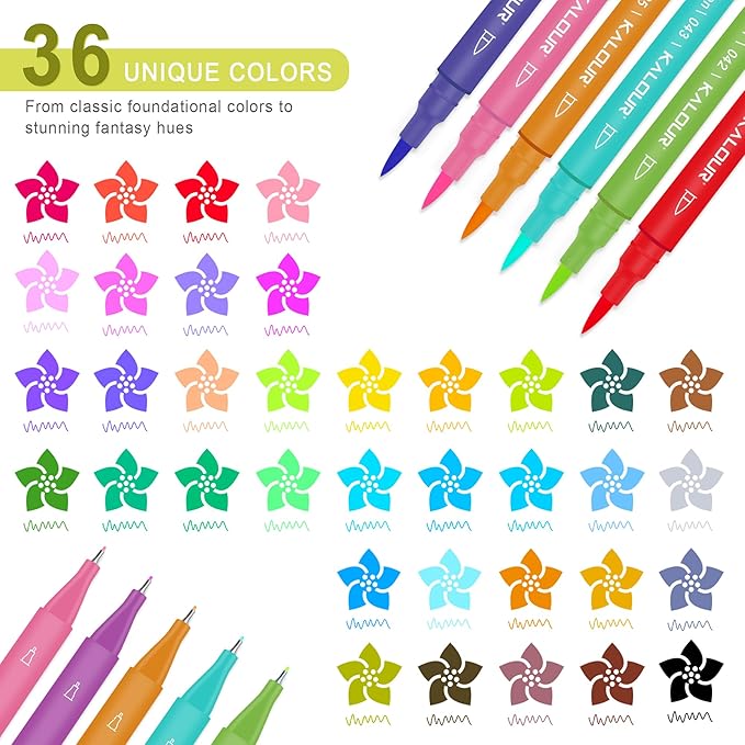 Kalour 36 Colors Art Markers Pens,Dual Tip (Brush and Fine Point),Color Number and Color Name,Art Marker for Coloring Lettering Calligraphy Drawing Journaling,Coloring Art Gift for Adult Beginner Kids