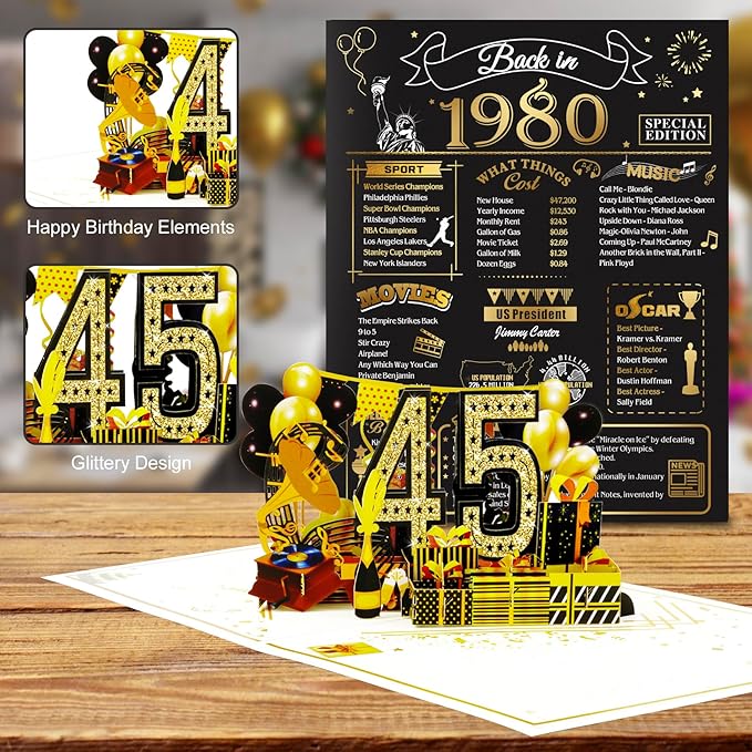 45th Birthday Card for Men Women, 3D Pop Up 45th Birthday Gifts Cards for Him Her, Back In 1980 Funny 45 Year Old Birthday Decorations