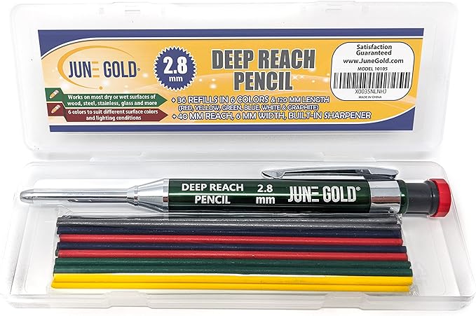 June Gold 2.8 mm Deep Reach Metal Carpenter Pencil, 36 Colored Refills, 6 Colors, 40 mm reach, 6 mm width, Built-in Sharpener, Construction, Shop, Glass, Machine, Indoor, and Outdoor