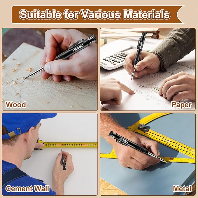 Hiboom 3 Pack Carpenter Pencils with 24 Refills (Red, Black, Yellow), 2.8 mm Heavy Duty Woodworking Marking Tool Built in Sharpener Ideal for Marking on Solid Long Nosed Deep Hole(Black)