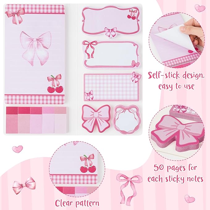 Coquette Pink Bow Sticky Notes Set - I’m Just A Girl Self-Stick Note Pads Bowknot Notepads Writing Memo Pad Page Marker Bookmarker Preppy Girly Stuff Back to School Office Supplies Gift