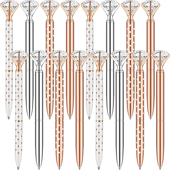 PASISIBICK 16 Pcs Big Diamond Pens-Bling Wedding Crystal Metal Ballpoint Pens with Black Ink (4 Mixed Colors)