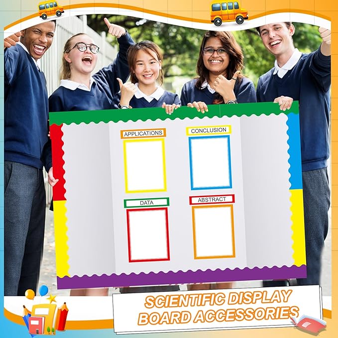 90 Pcs Science Fair Board Supplies 60 Trim Scalloped Bulletin Board Borders 24 Presentation Board Subtitles 6 Science Fair Titles for Classroom Display Boards (Rainbow)