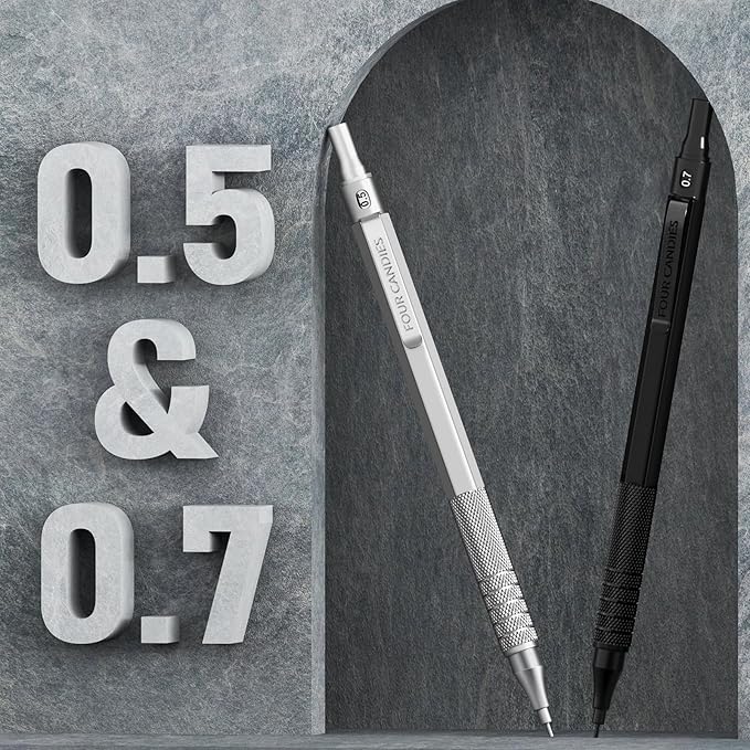 Four Candies 4PCS Metal Mechanical Pencils Set with Case, 0.5mm & 0.7 mm Artist Pencil with 8 Tubes (480PCS) HB Lead Refills, 3 Erasers,9 Eraser Refills For Writing Drafting, Drawing, Black&Silver