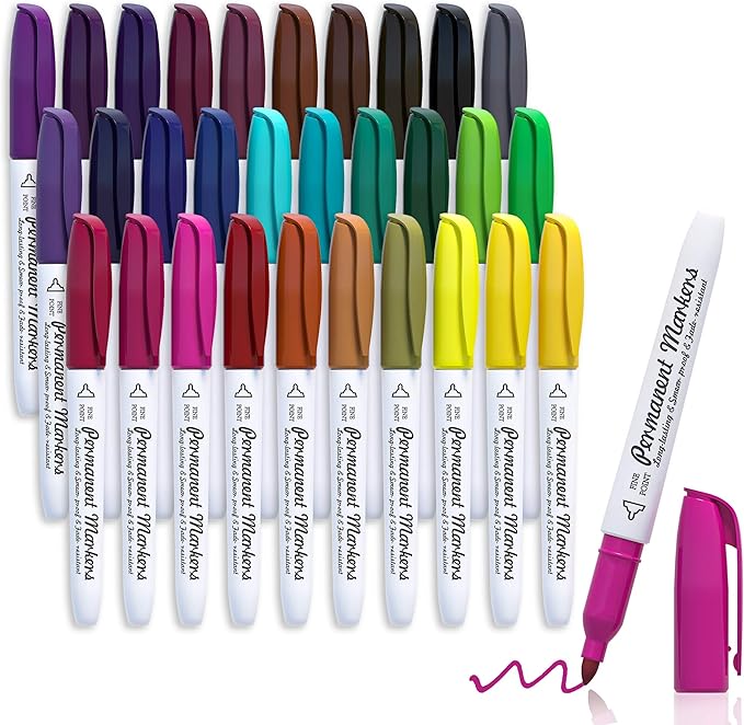 Lelix 30 Colors Permanent Markers, Fine Point, Assorted Colors, Works on Plastic,Wood,Stone,Metal and Glass for Kids Adult Coloring Doodling Marking