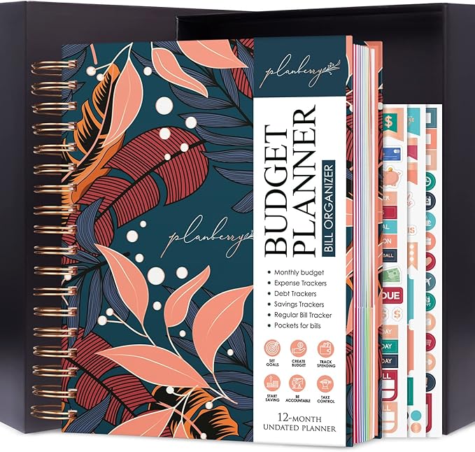 PLANBERRY Large Budget Planner & Monthly Bill Organizer with Pockets – Budgeting Book, Finance & Expense Tracker, 8.3x9.4″ (Tropical Night)