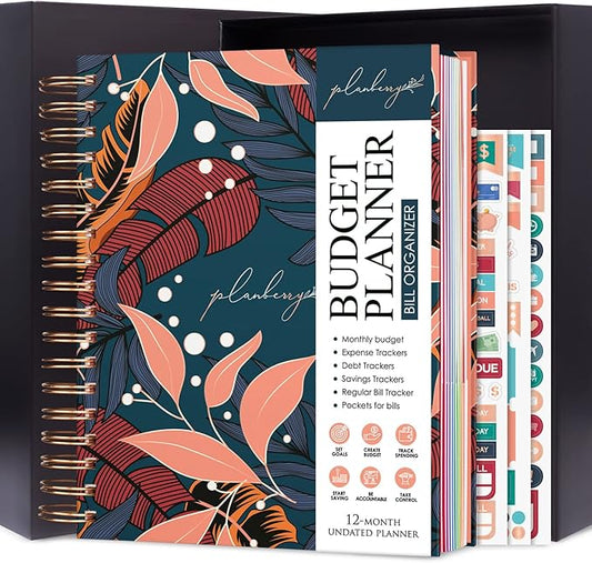 PLANBERRY Large Budget Planner & Monthly Bill Organizer with Pockets – Budgeting Book, Finance & Expense Tracker, 8.3x9.4″ (Tropical Night)